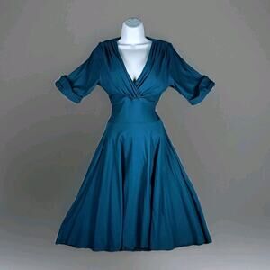 Unique Vintage Dress Womens Large Teal Fit Flare Swing Midi 50s Style Retro